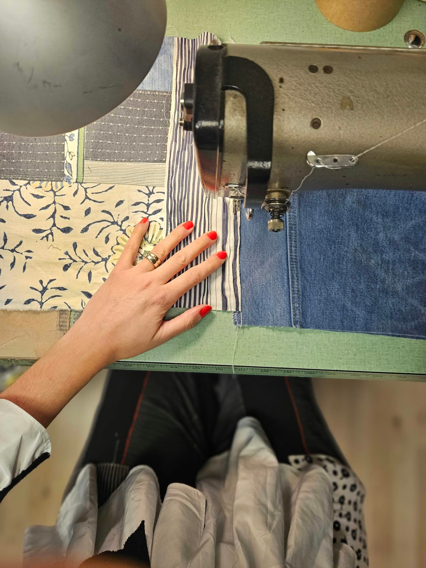 Zero-waste patchwork in progress on the industrial sewing machine.