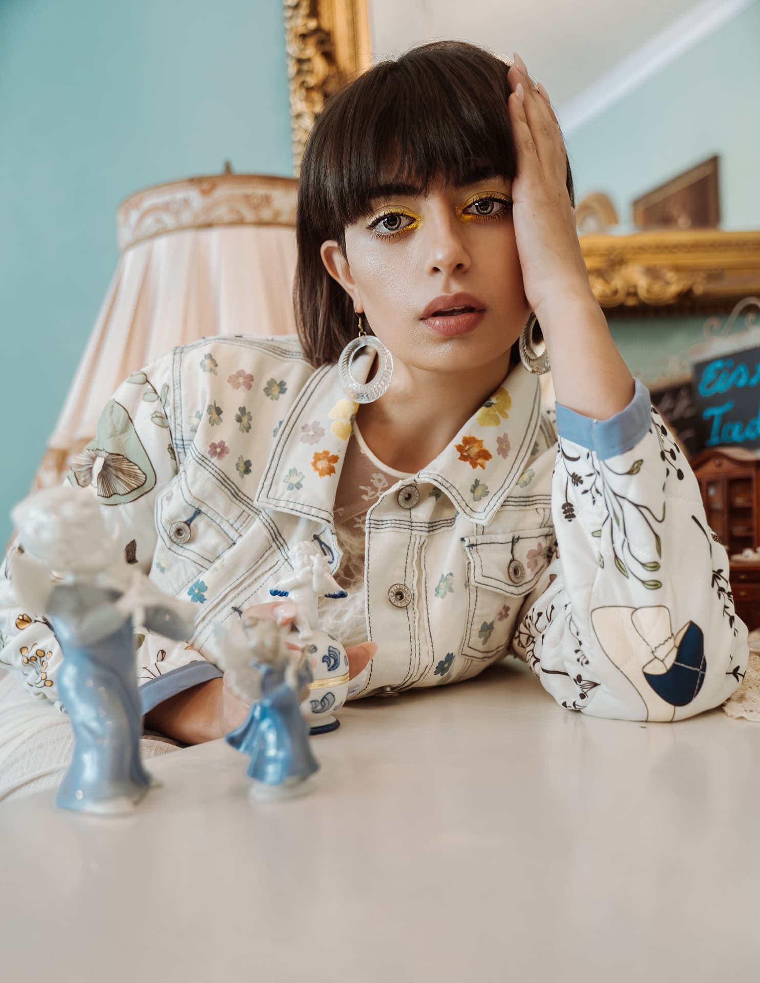 Flower-pounded, reconstructed vintage denim jacket.