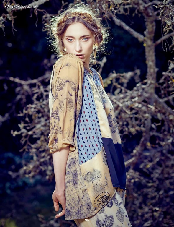 Eco-print patchwork blouse made from reclaimed natural fibres.